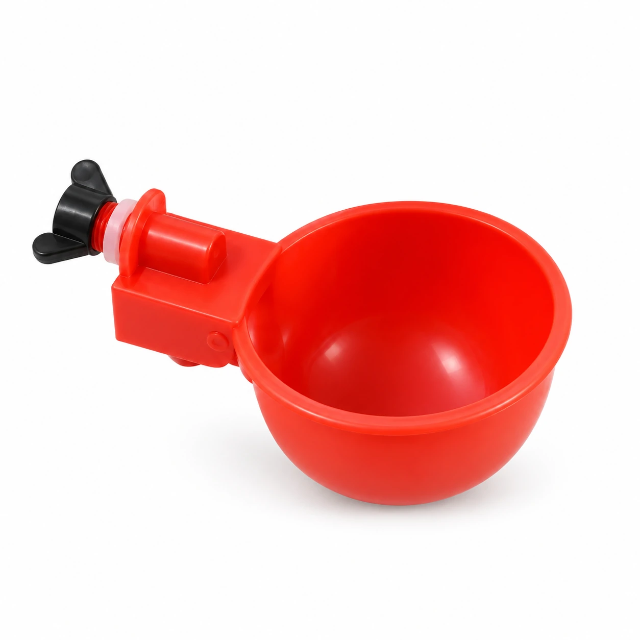 Bol abreuvoir rouge assemblé, col fileté, rondelle et écrou papillon sur fond blanc