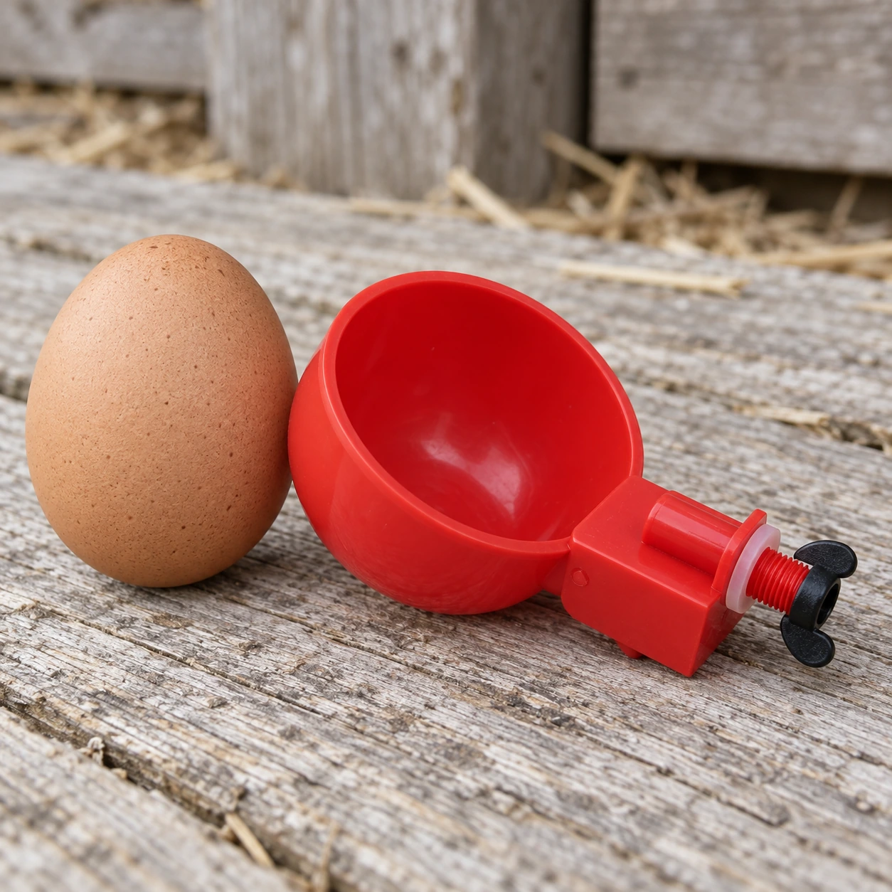 Bol abreuvoir rouge posé près d'un oeuf, pour donner l'échelle du bol