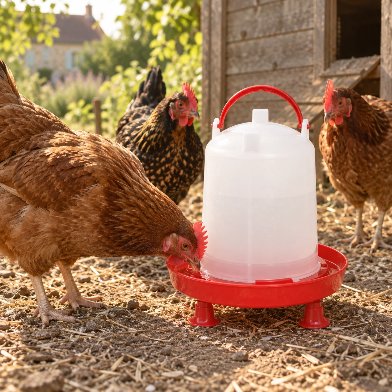 Poules buvant à la coupelle rouge de l'abreuvoir sur pieds, dans un poulailler de jardin en France