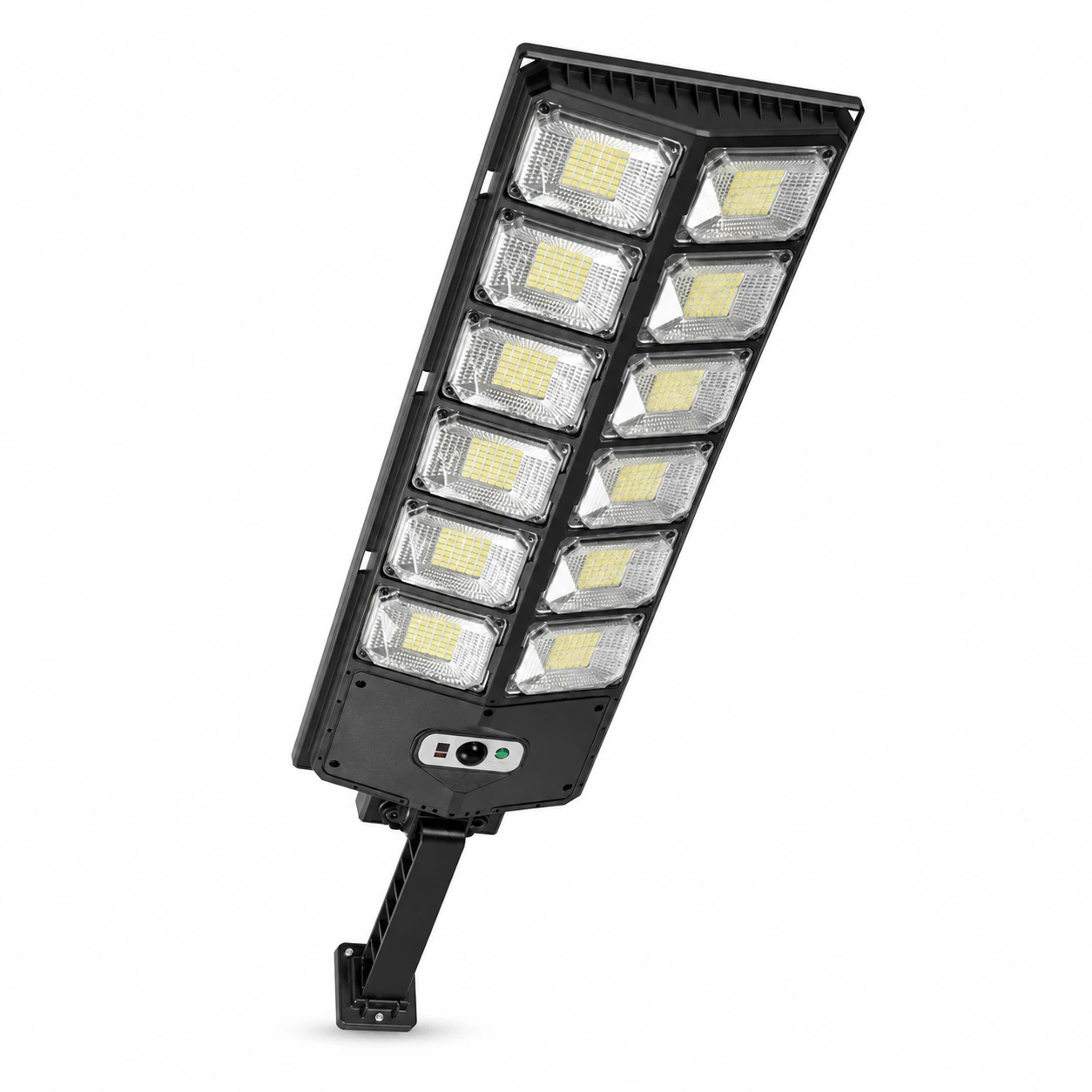 Applique solaire noire vue de trois quarts sur fond blanc, grille de douze modules lumineux et bras articulé