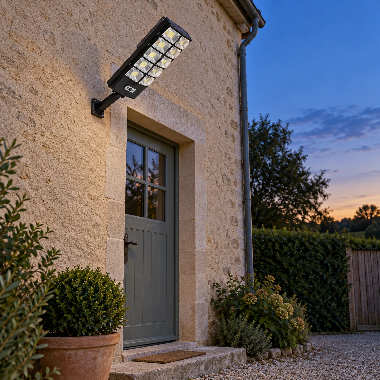 Applique solaire allumée au-dessus d'une porte d'entrée en pierre, à la tombée du jour