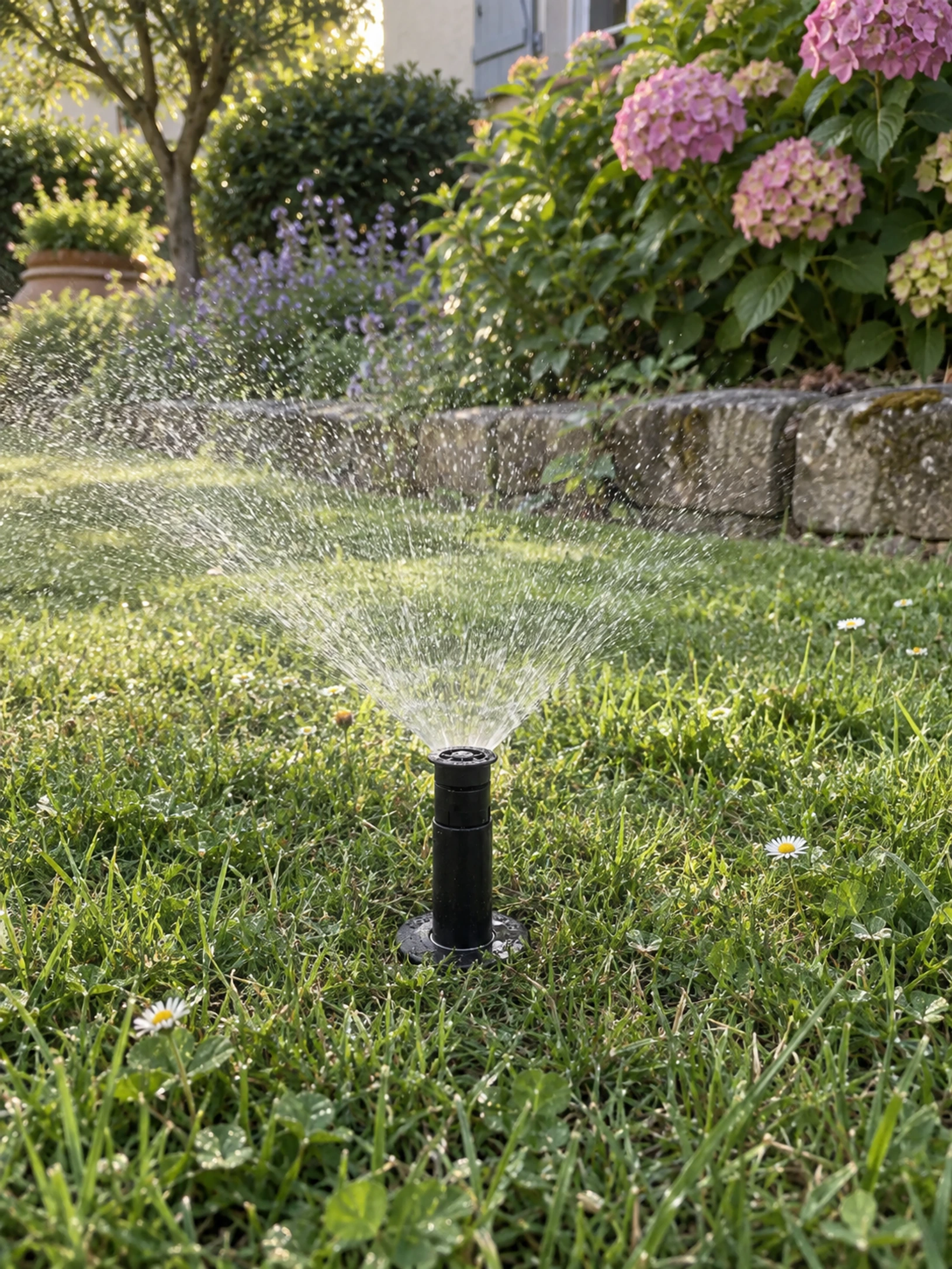 Arroseur escamotable en fonctionnement dans une pelouse, jet en éventail au-dessus de l'herbe mouillée