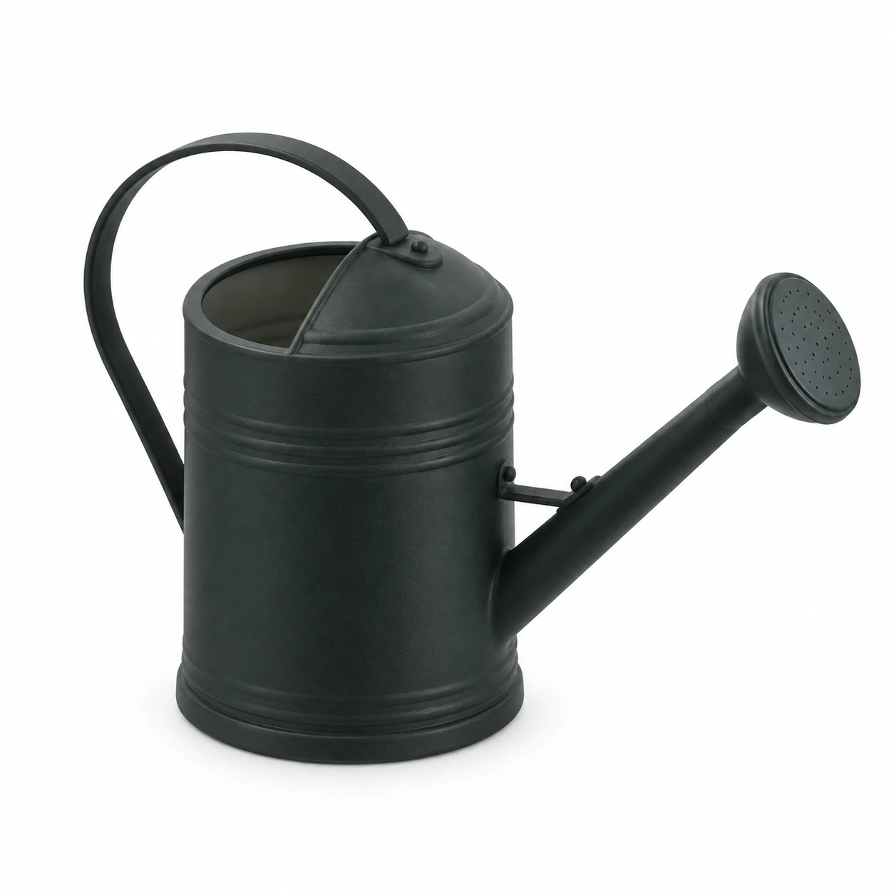 Arrosoir 2 L noir mat à long bec, pomme d'arrosage en place, posé de trois quarts sur fond blanc