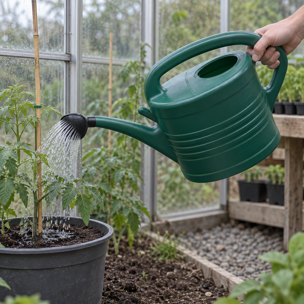 Arrosage au pied d'un plant en serre, arrosoir penché au-dessus de la terre