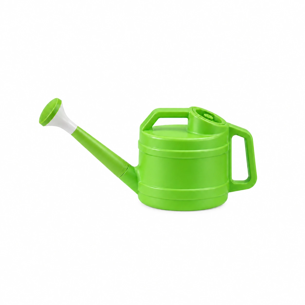 Arrosoir 2,5 L vert à long bec, pomme amovible blanche à disque perforé, sur fond blanc