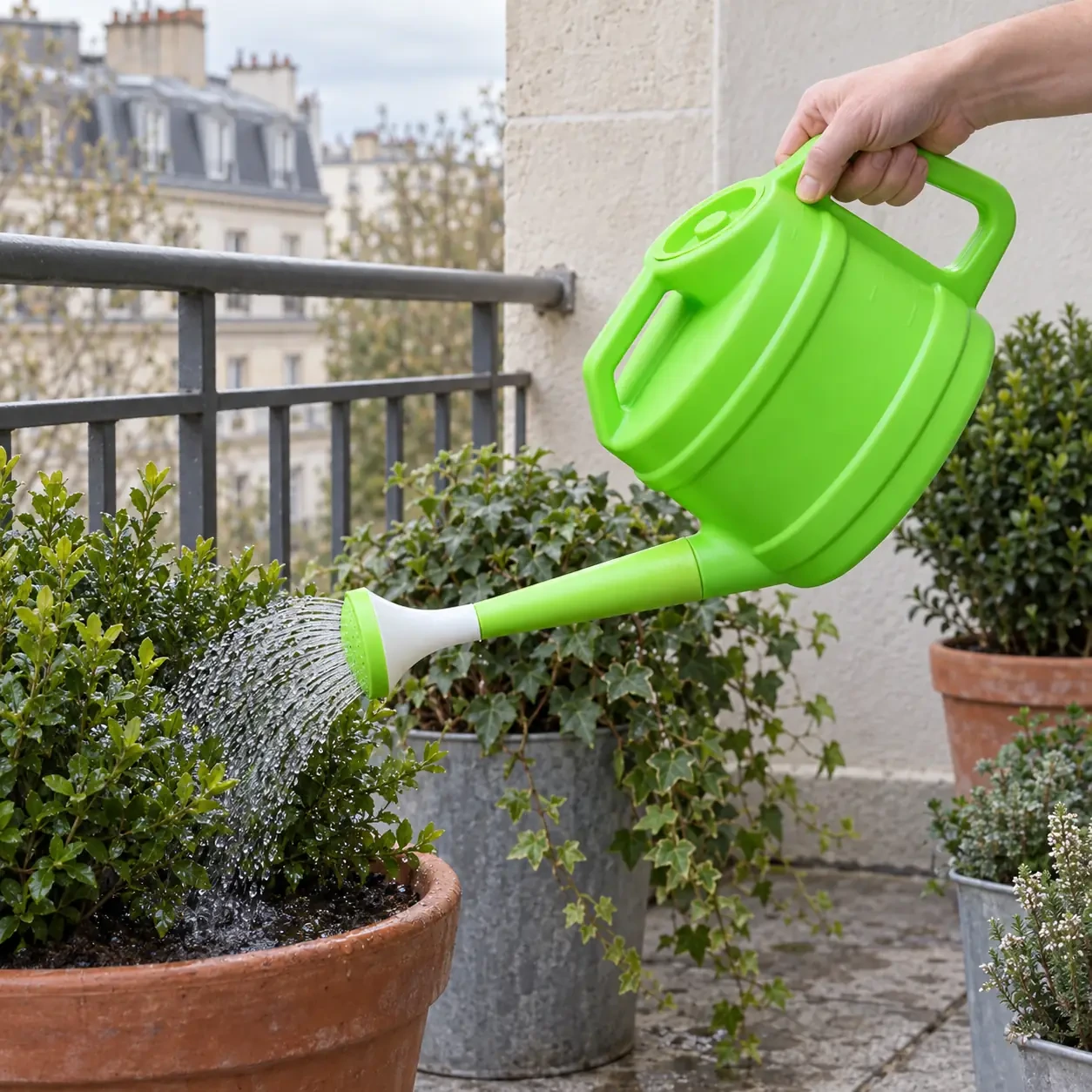 Arrosoir vert incliné qui arrose en pluie fine un buis en pot sur un balcon