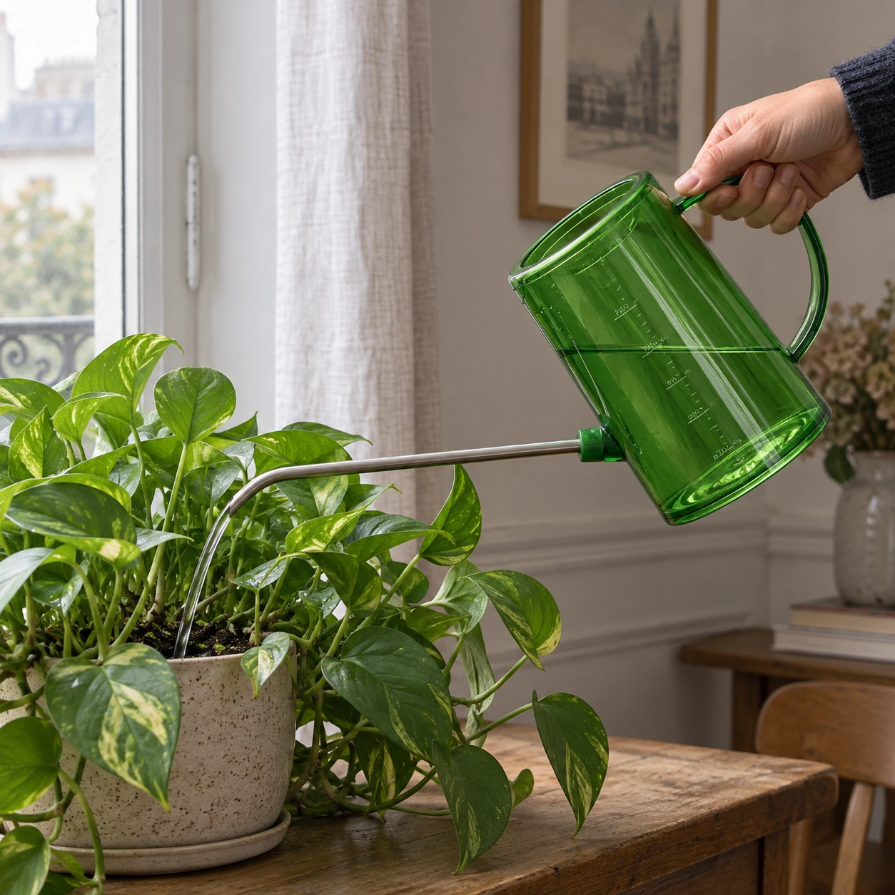 Arrosoir vert incliné au-dessus d'un pothos en pot, sur une table près d'une fenêtre
