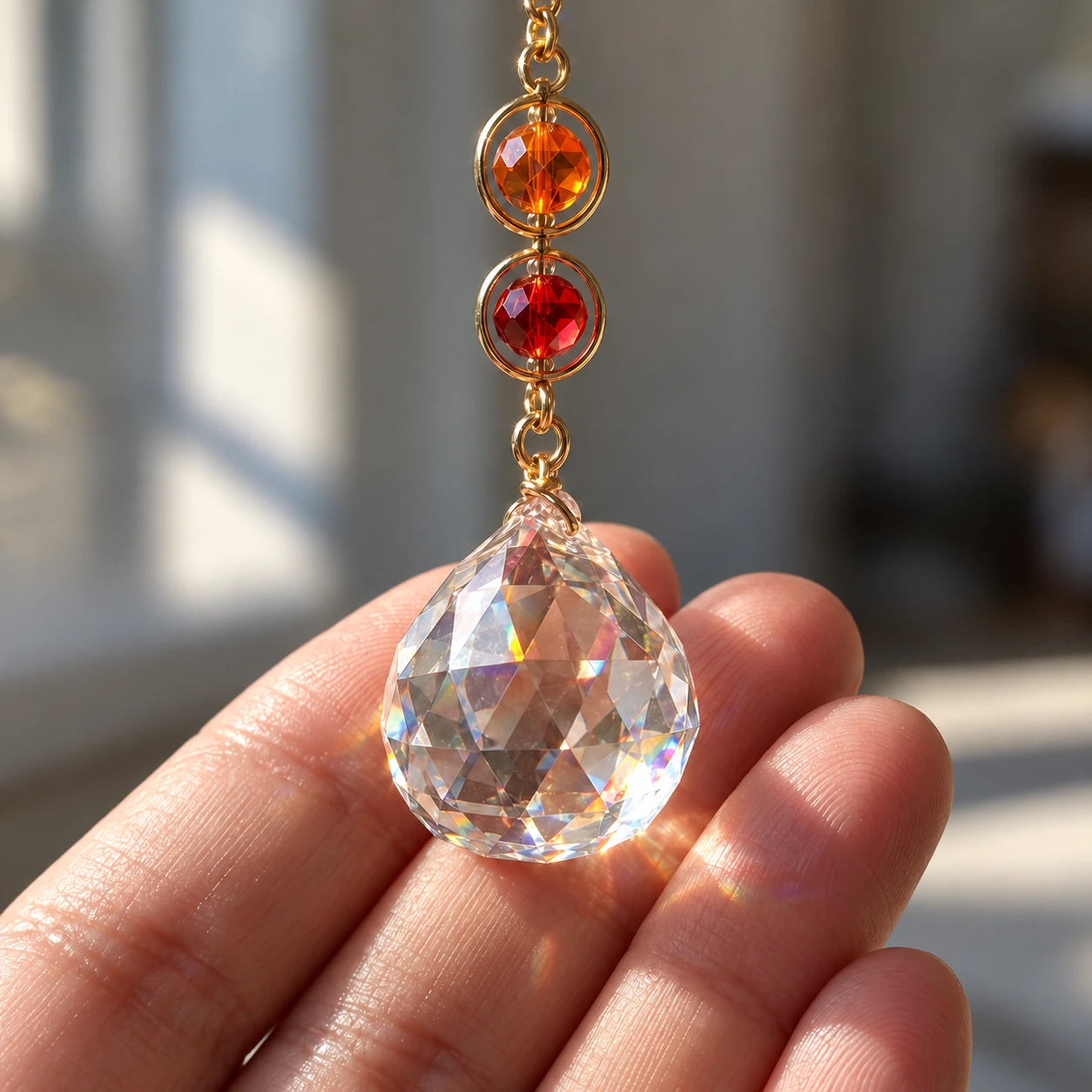 Gros plan sur la grosse boule facettée transparente tenue dans une main, pierres rouge et orange au-dessus