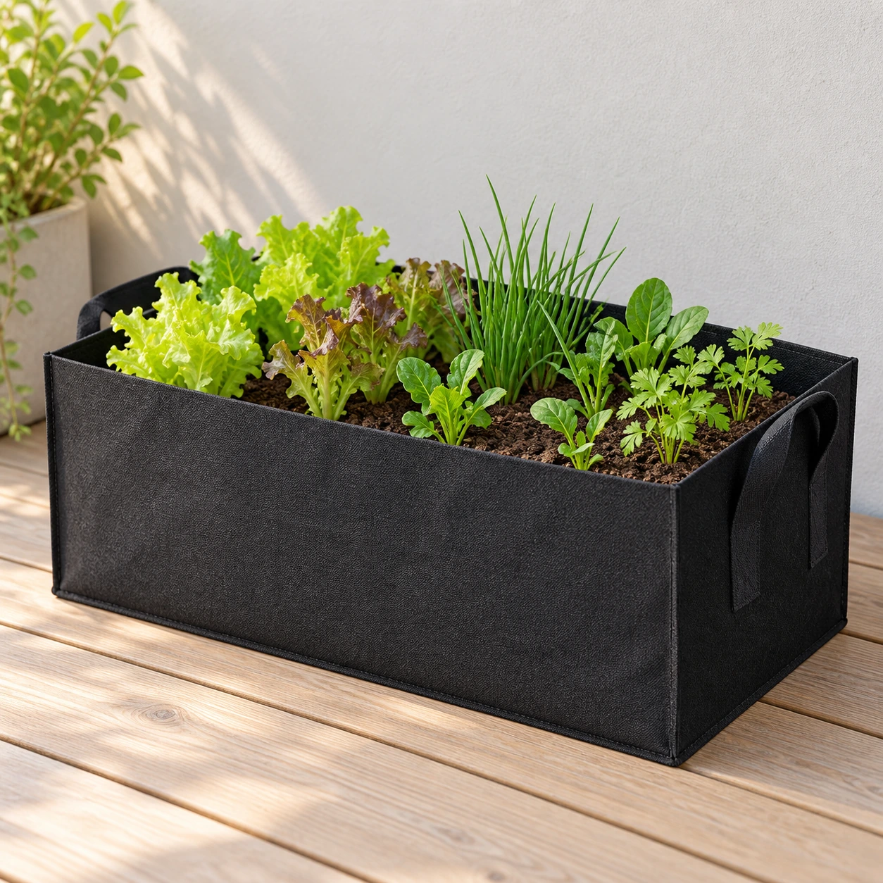 Bac de culture rectangulaire garni de salades et d'aromatiques sur un balcon en bois