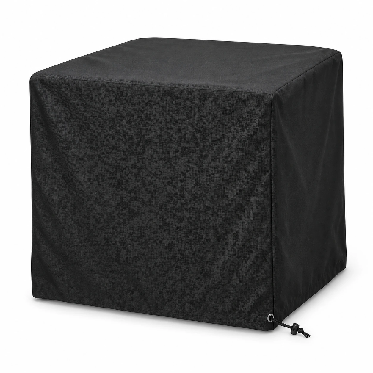 Housse noire posée sur une petite table de jardin carrée, format cubique 90 cm avec cordon serré à la base