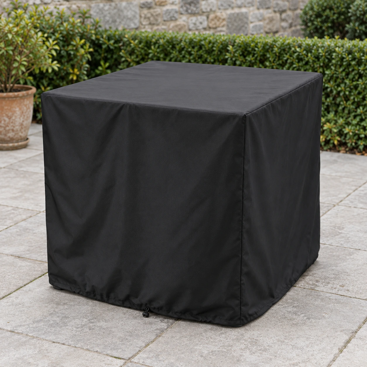 Housse noire enveloppant une table de jardin carrée sur une terrasse en dalles béton claires