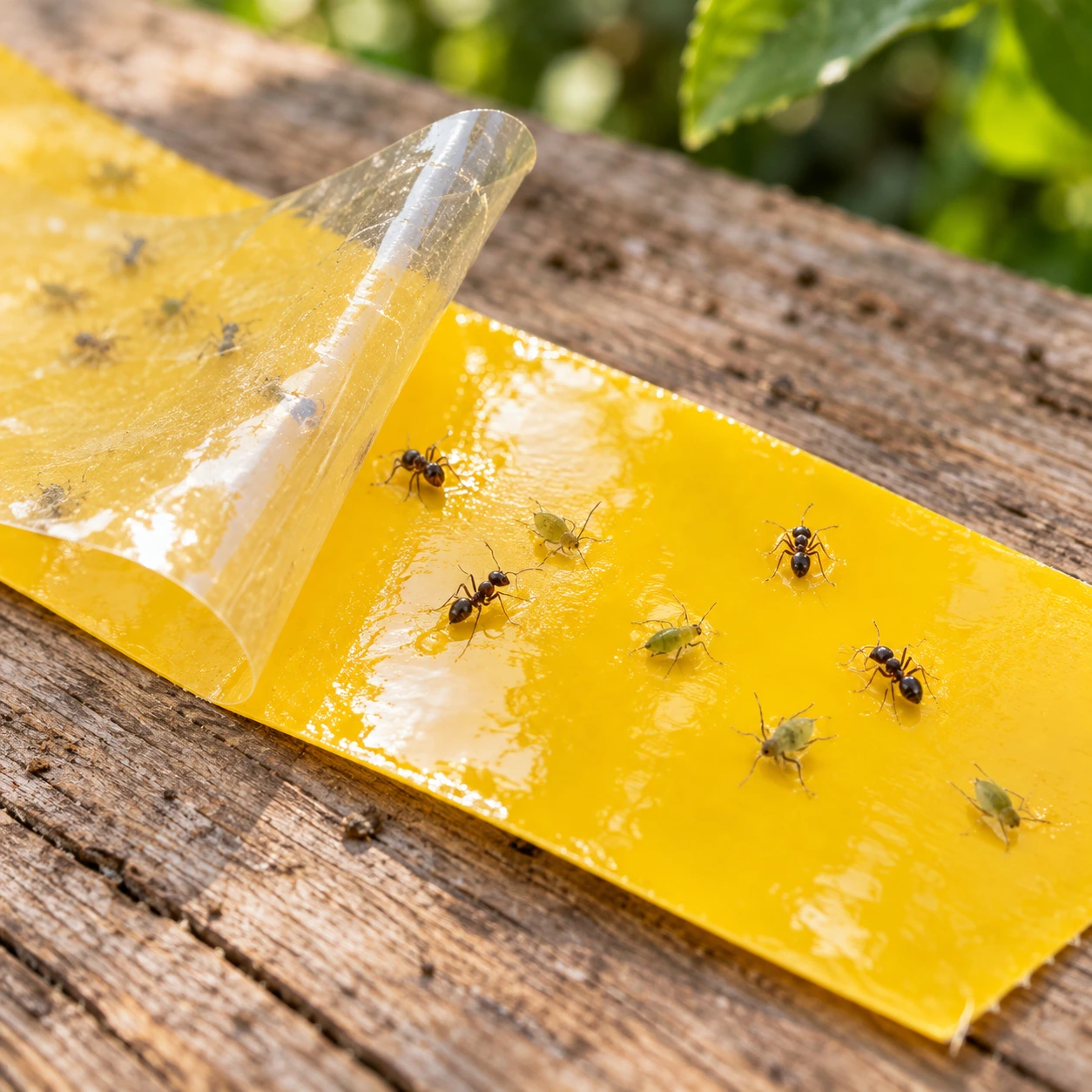 Pellicule de protection décollée du ruban jaune, fourmis et pucerons collés sur la glu
