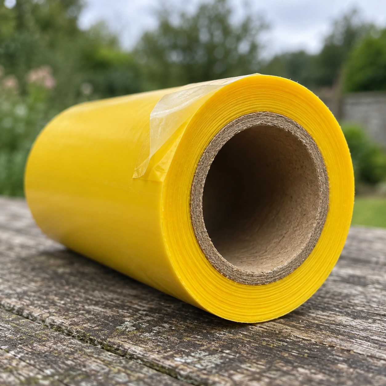 Pellicule de protection soulevée sur l'enroulement du rouleau de bande de glu jaune