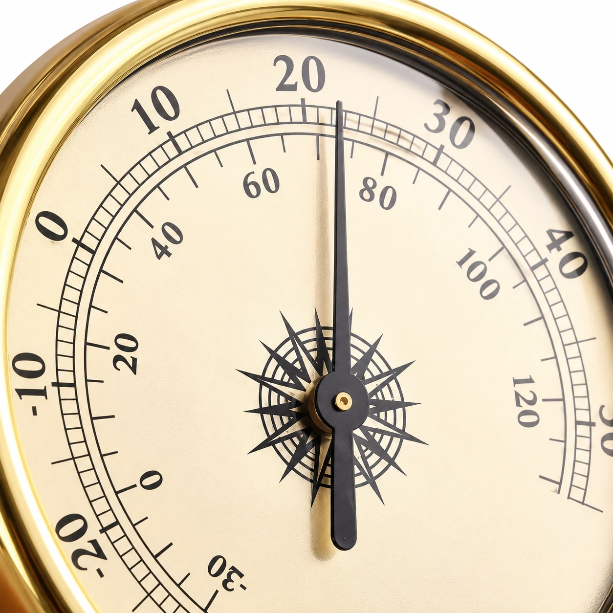 Gros plan du cadran crème du thermomètre, double graduation en degrés Celsius et Fahrenheit, aiguille noire