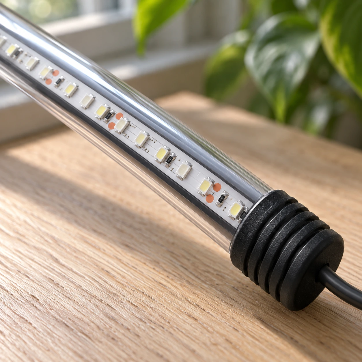 Détail du tube transparent et des deux rangées de perles LED 2835 de la barre