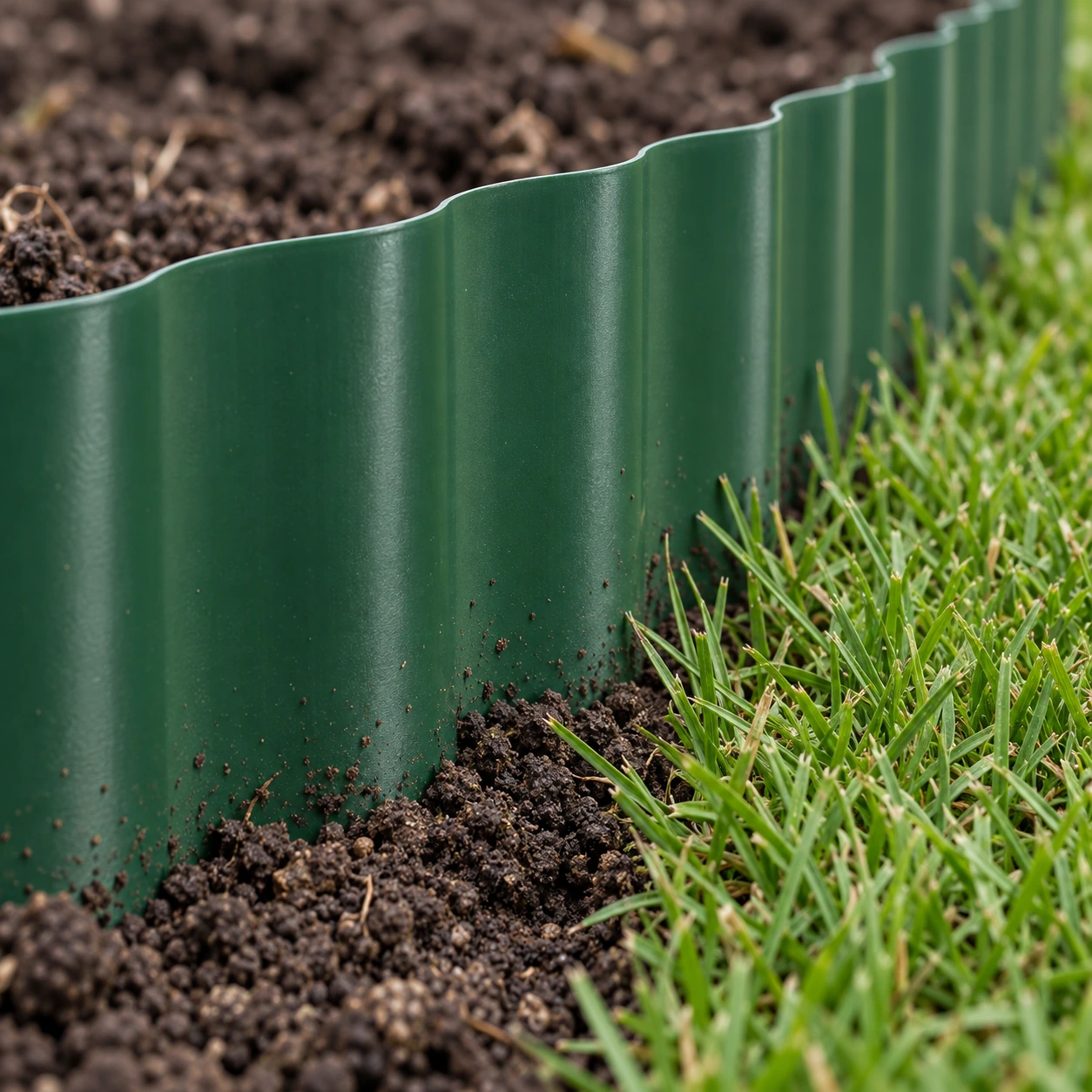 Gros plan de l'ondulation en PVC vert et de la base à enterrer