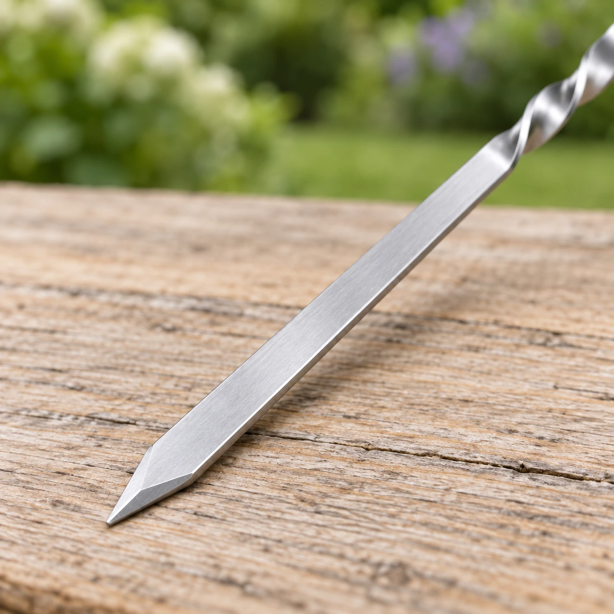 Gros plan sur le fût torsadé et la lame plate d'une pique en inox satiné