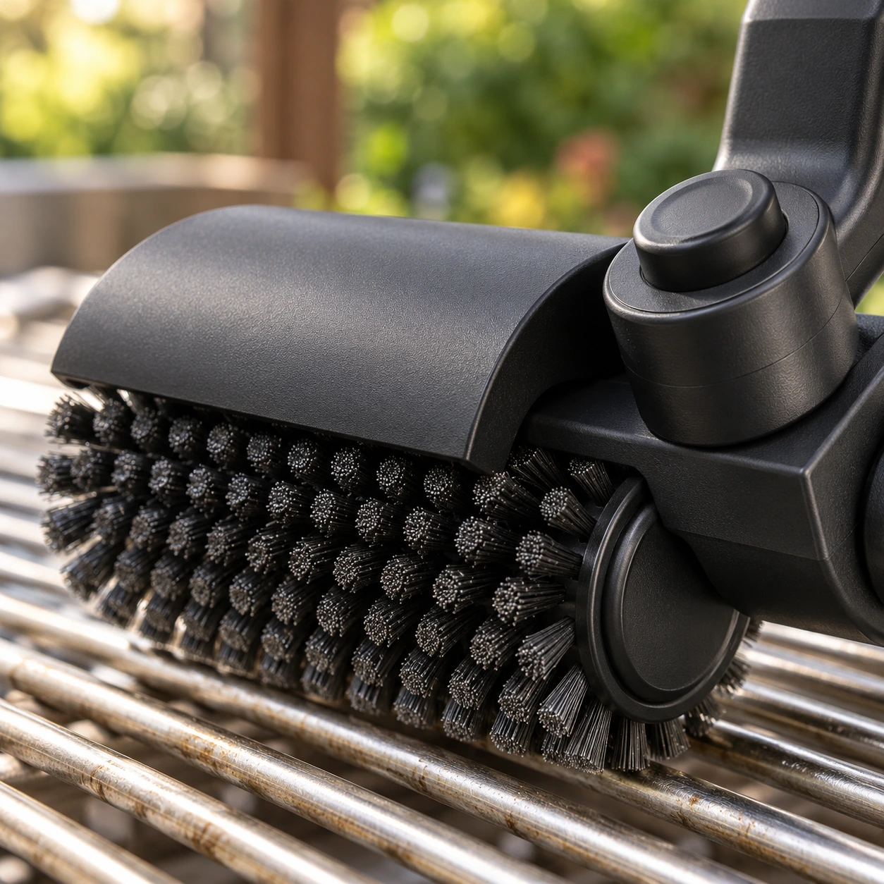 Gros plan sur la tête de la brosse, poils noirs en rangées régulières sous le pare-éclaboussures