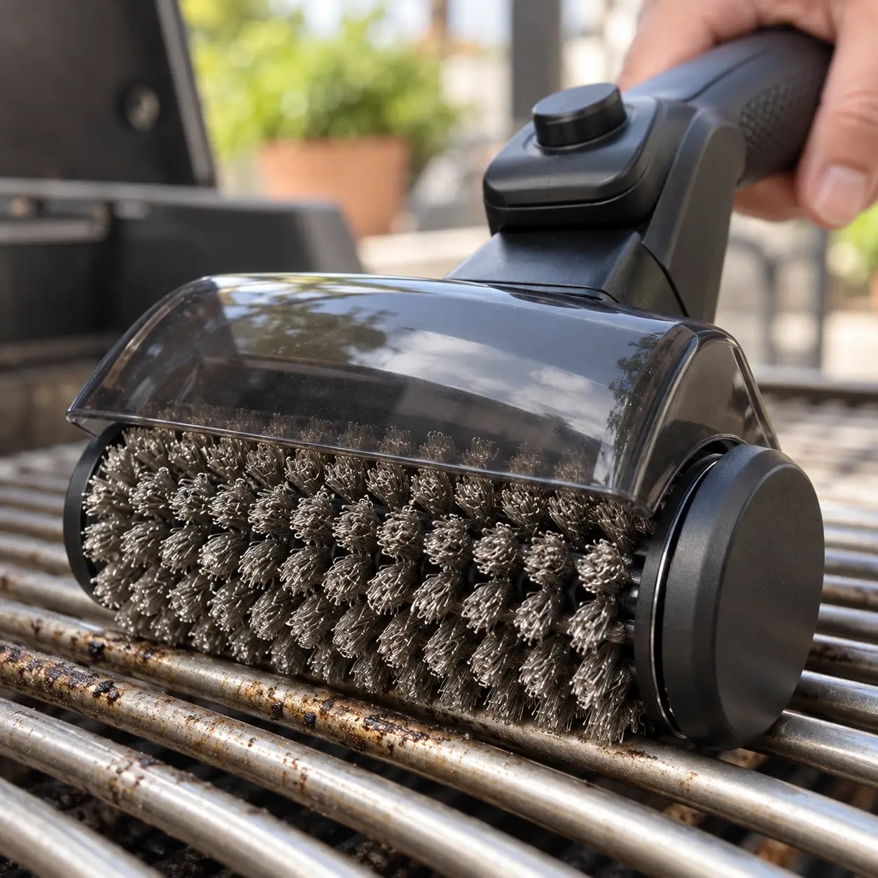 Tête à fils métalliques au contact des barreaux d'une grille, brosse tenue d'une main
