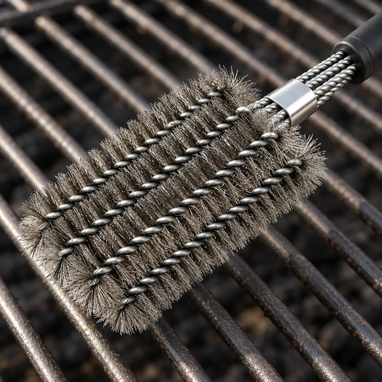 Gros plan sur la tête de la brosse : quatre rangs de spires d'acier, deux câbles torsadés et collier inox poli.