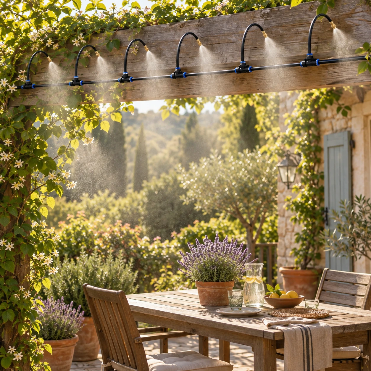 Ligne de brumisation fixée à une pergola en bois, fine brume rafraîchissante au-dessus d'un coin repas de terrasse