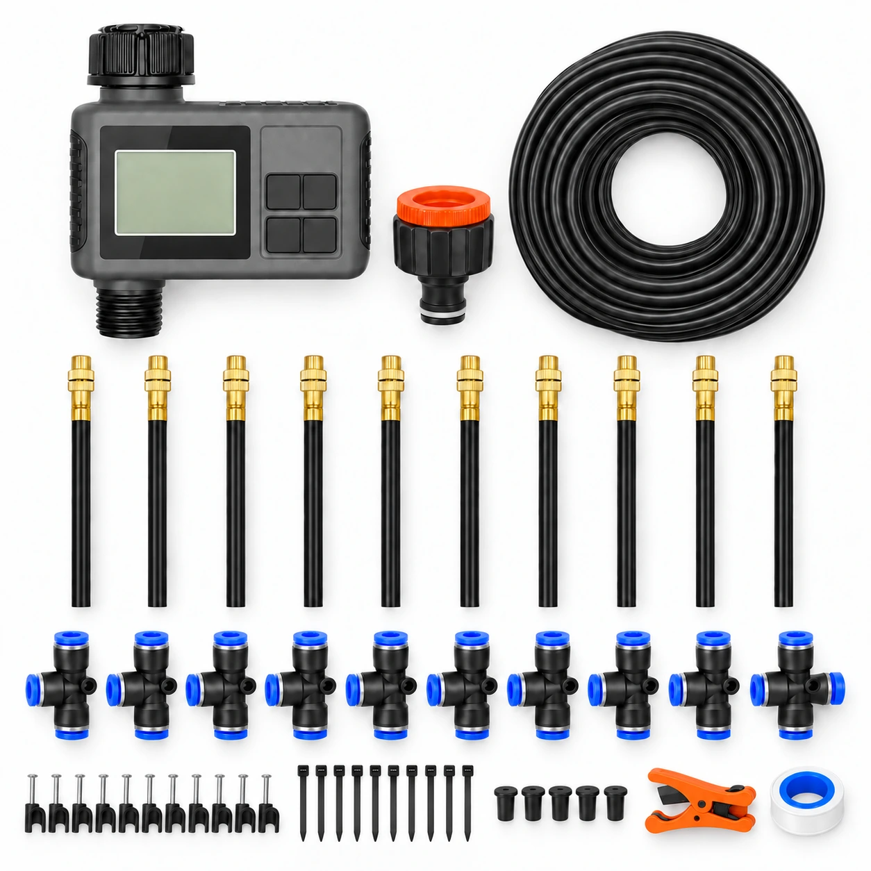 Contenu du colis à plat : programmateur, bobine 10 m, dix buses dorées, dix raccords en T, clips, attaches et accessoires