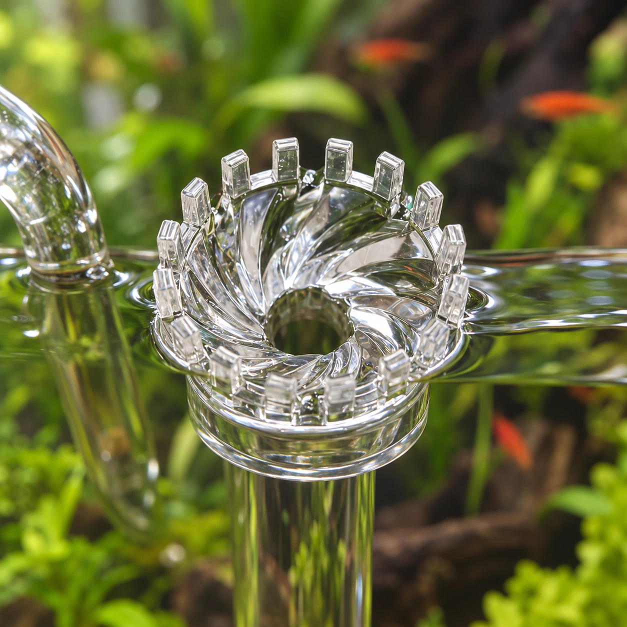 La couronne crénelée de l'écumeur qui affleure la ligne d'eau d'un bac planté, sa bague de jonction en dessous