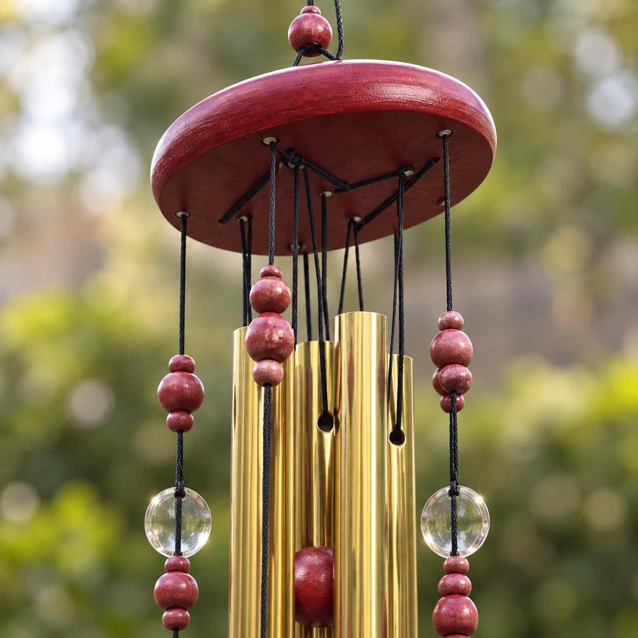 Le disque de bois rouge foncé du carillon, ses suspentes à perles et le haut des tubes dorés