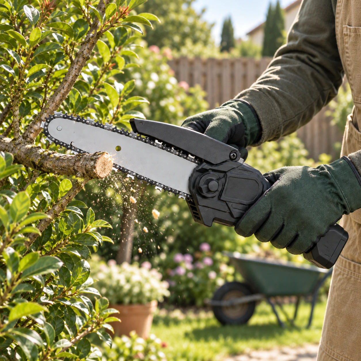 Mini tronçonneuse équipée de la chaîne de rechange, en train de tailler une branche au jardin