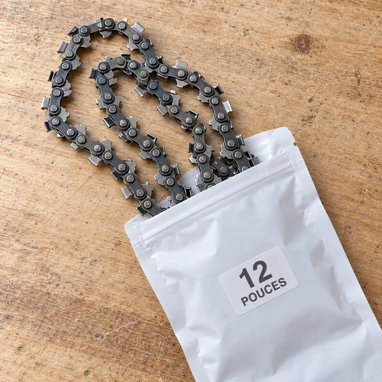 Sachet imprimé portant la référence de la chaîne et sa longueur en pouces