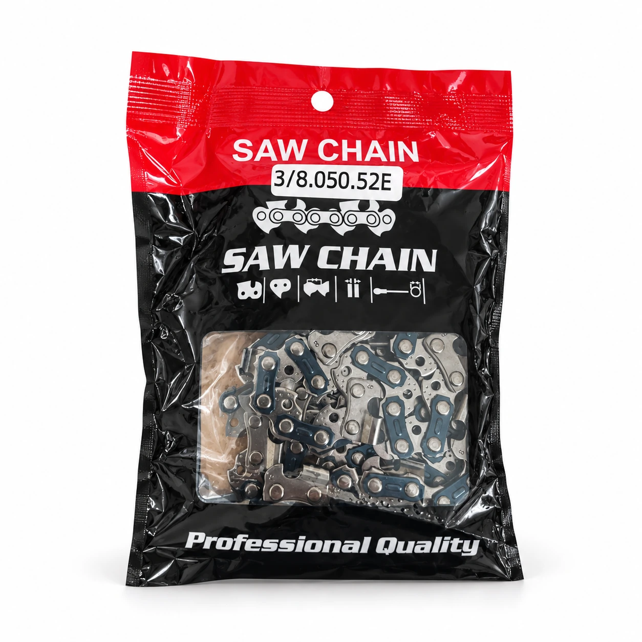 Sachet à bande rouge et fenêtre transparente posé à côté de la chaîne