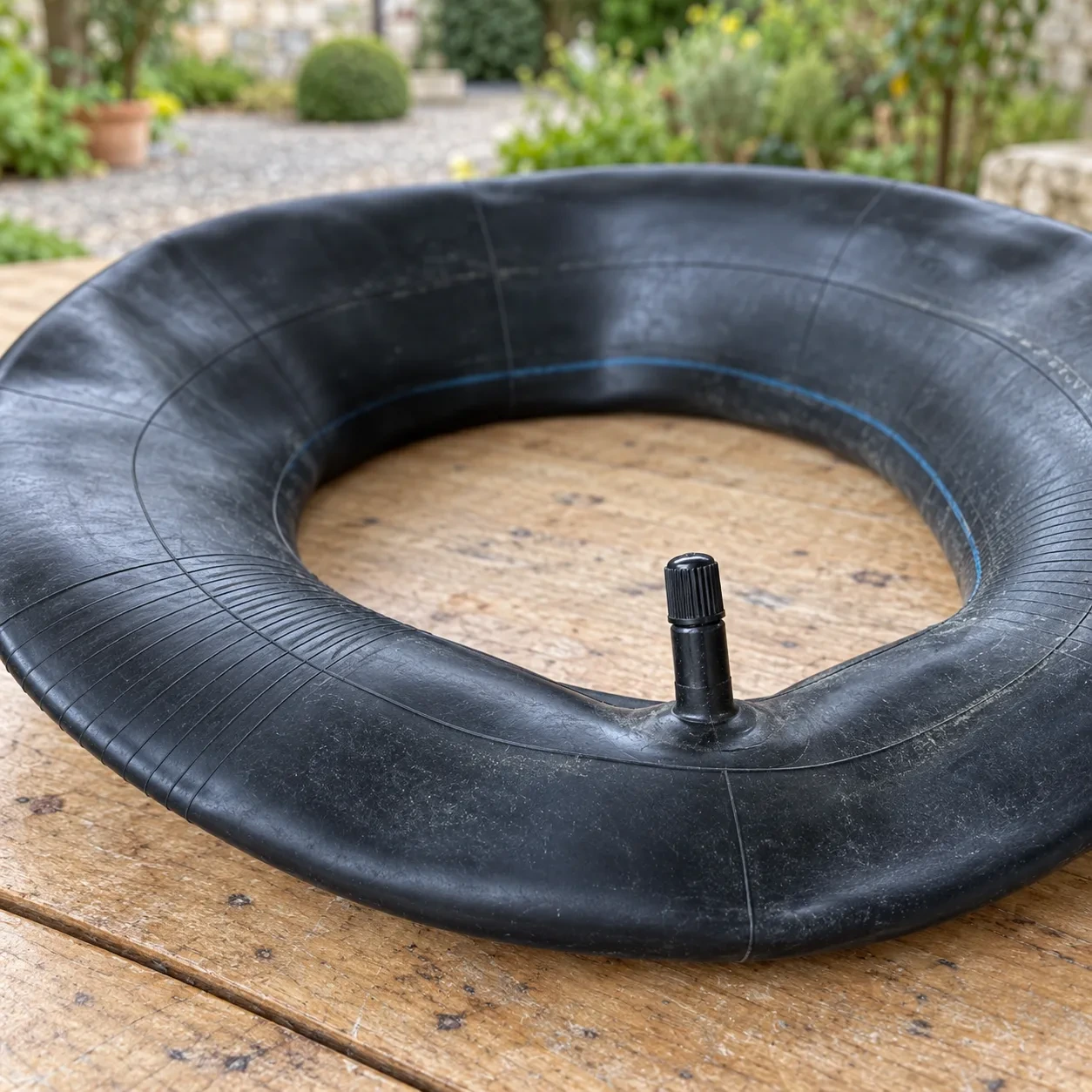 Gros plan sur la valve métallique droite, son capuchon moleté noir et son renfort moulé dans le caoutchouc