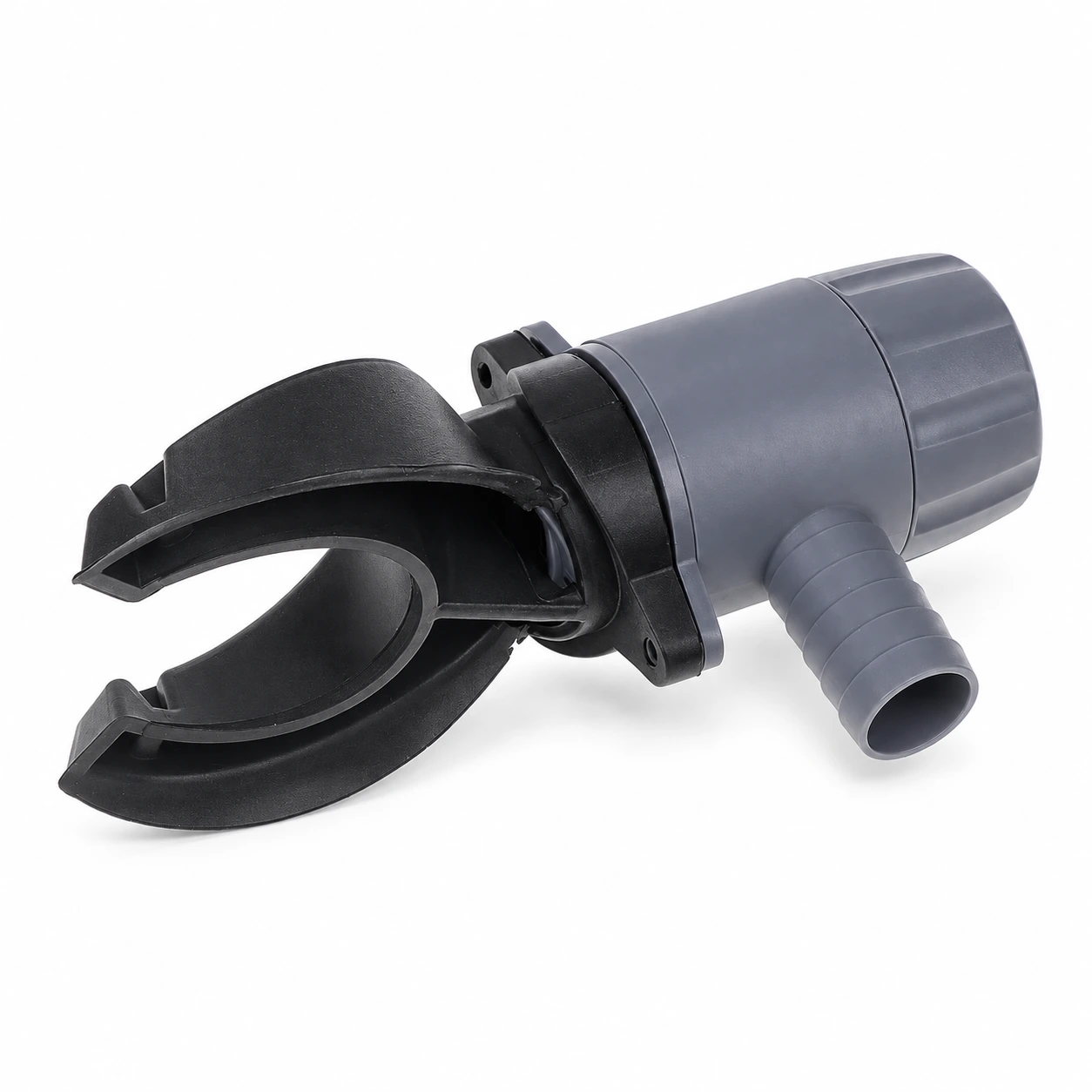 Collecteur d’eau de pluie gris et noir assemblé sur fond blanc