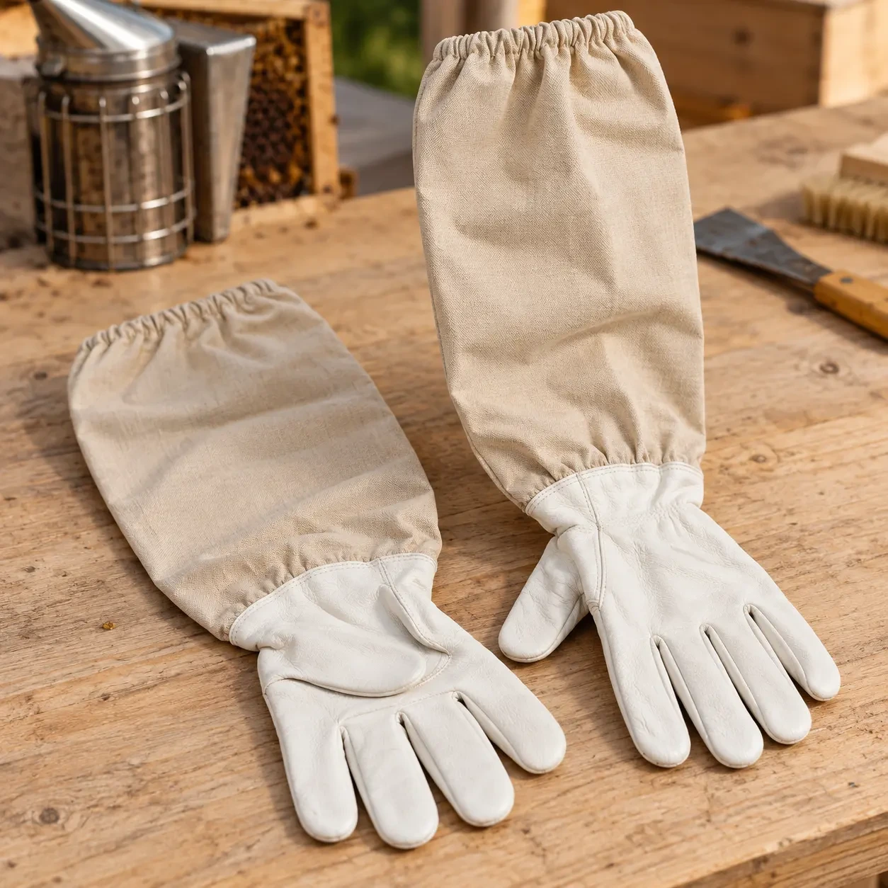 Gants à longs manchons en tissu, paume claire, ouverture élastiquée