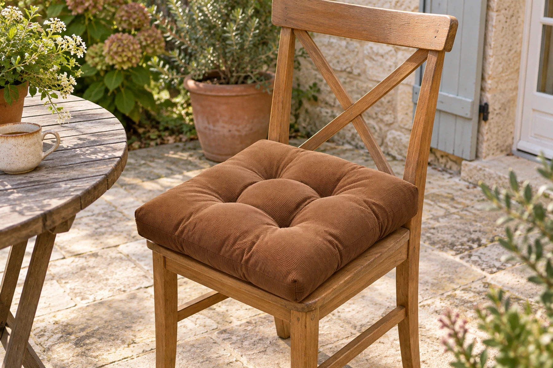 Coussin d'assise marron posé sur une chaise en bois sur une terrasse en pierre fleurie