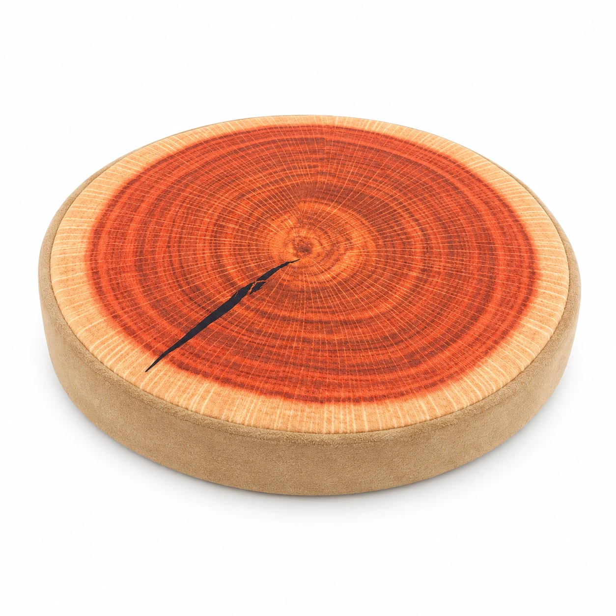 Coussinet de chaise rond de 33 cm au motif tranche de tronc, vu de trois quarts sur fond blanc