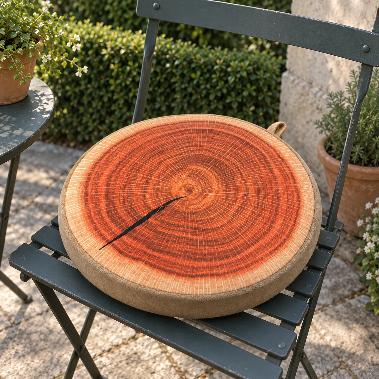 Coussinet rond tranche de tronc posé sur une chaise de balcon, dans un jardin français