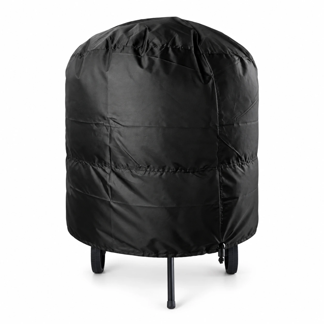 Couverture de gril ronde noire enfilée sur un gril à charbon, packshot fond blanc