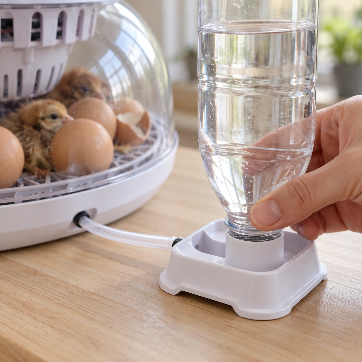 Main vissant une bouteille d'eau transparente sur le socle blanc de l'appoint d'eau de la couveuse