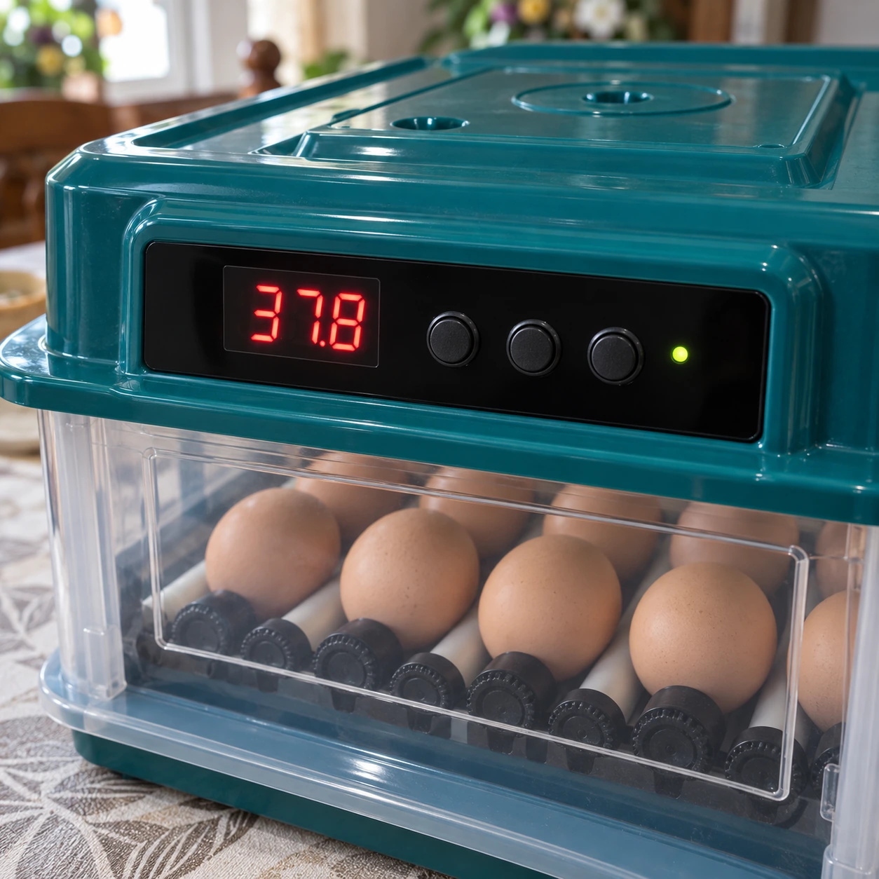 Panneau de controle de la couveuse, afficheur LED 37.8 et trois boutons de reglage sans inscriptions