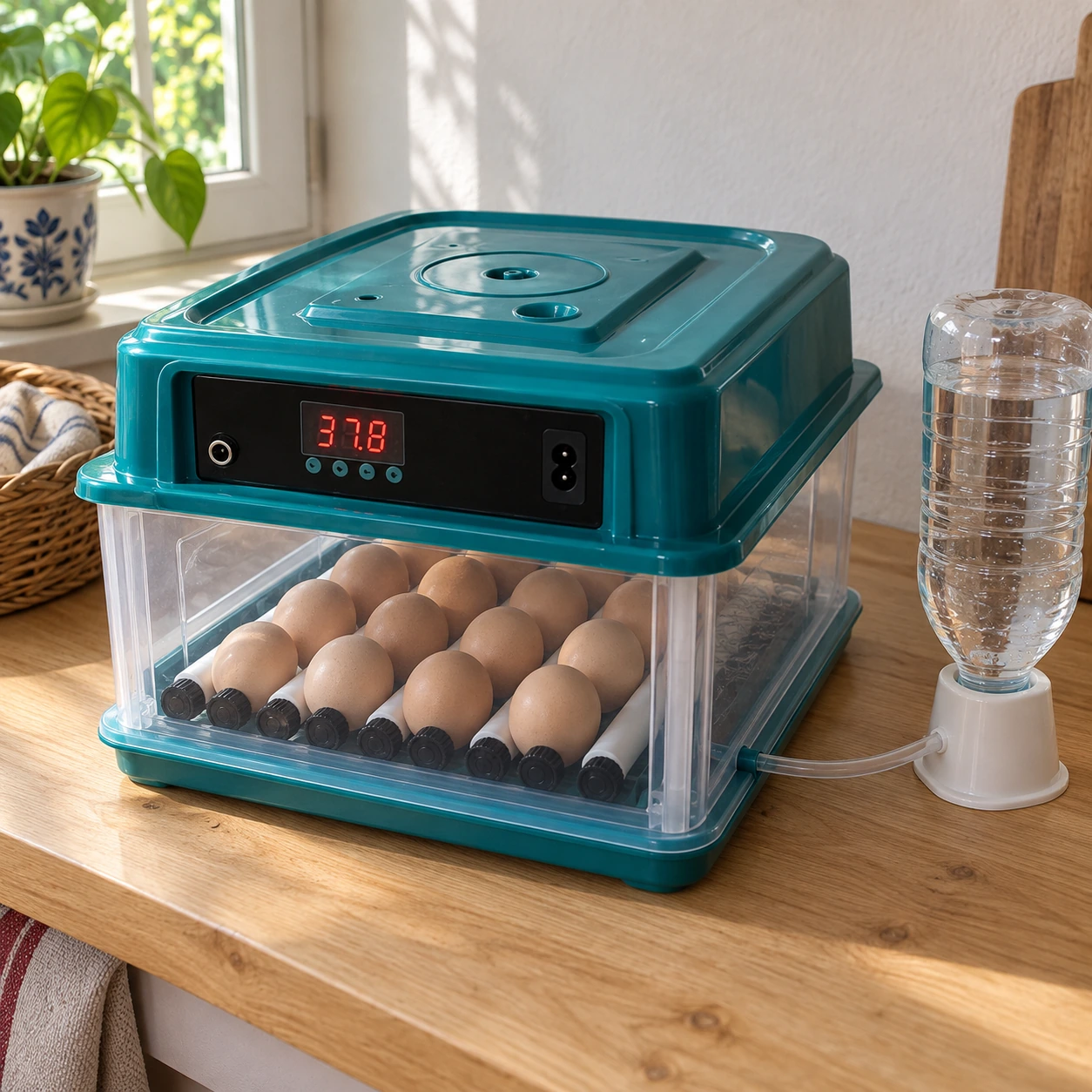 Couveuse en service sur un plan de travail, oeufs entre les rouleaux, bouteille d'eau inversee reliee par un tuyau d'appoint