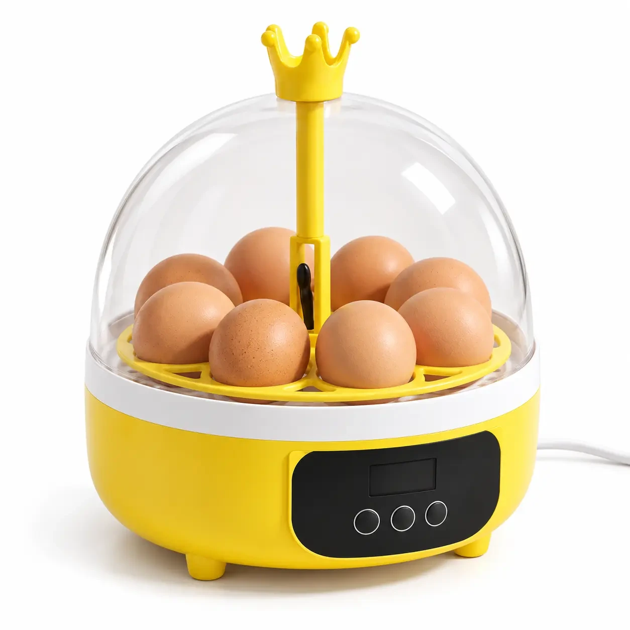 Couveuse d'oeufs compacte de trois quarts, dôme transparent fermé sur la base jaune et blanche
