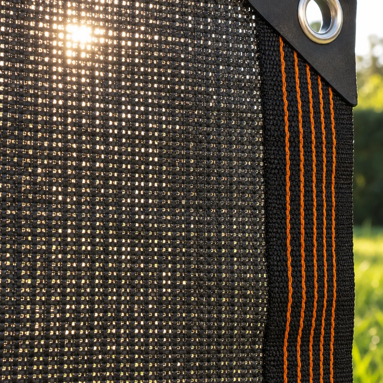 Coin de la toile avec son renfort triangulaire noir et la bande contrastée de la lisière