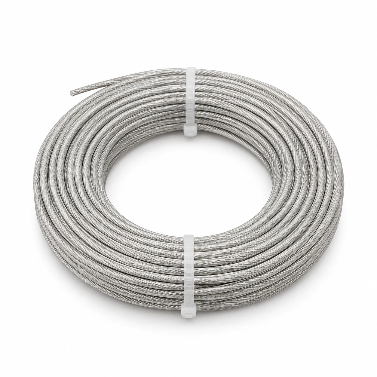 Bobine de fil d'acier 2,0 mm pour débroussailleuse, enroulement gris argenté maintenu par deux colliers blancs, fond blanc