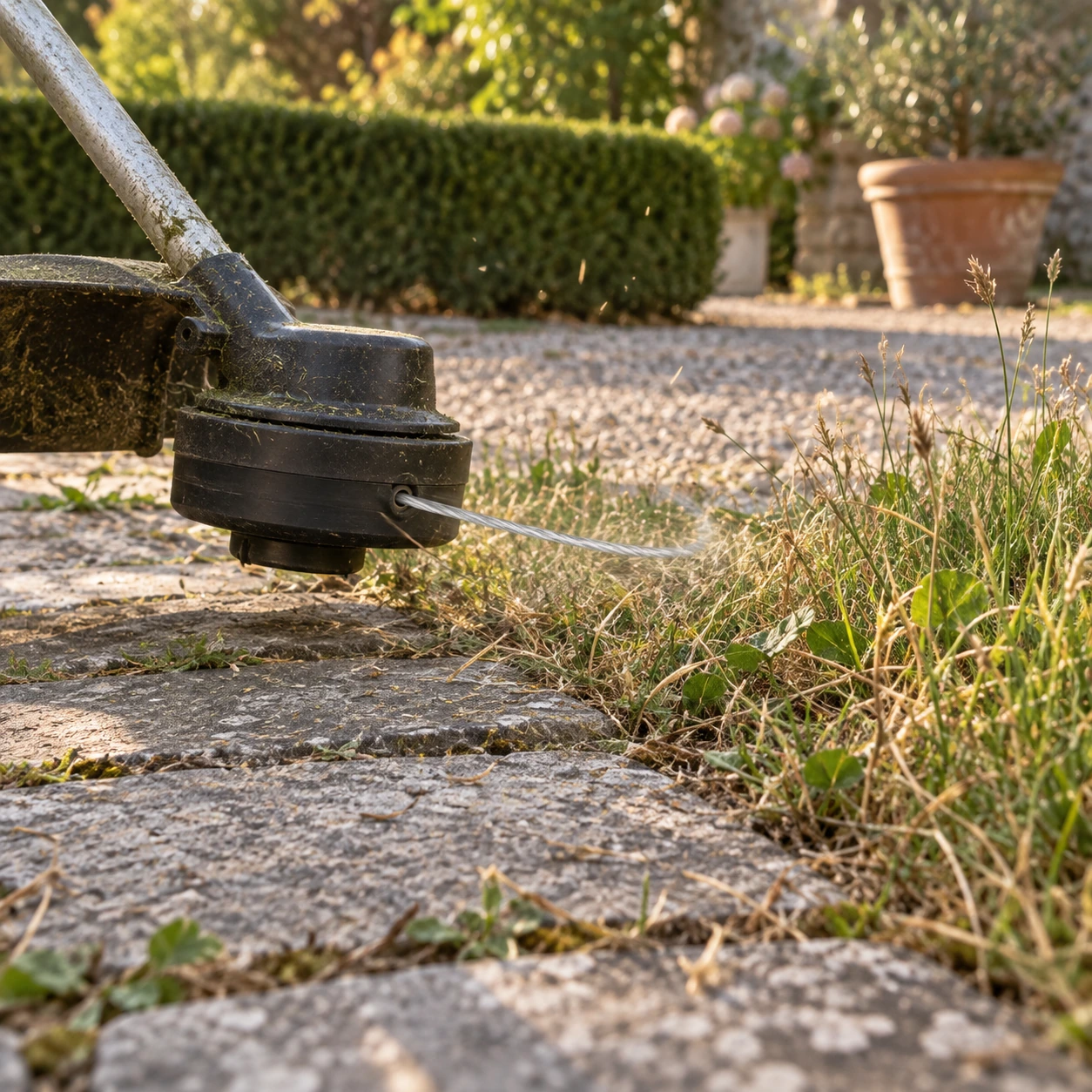 Tête de coupe noire générique fauchant l'herbe le long d'une allée dallée de jardin avec le fil d'acier