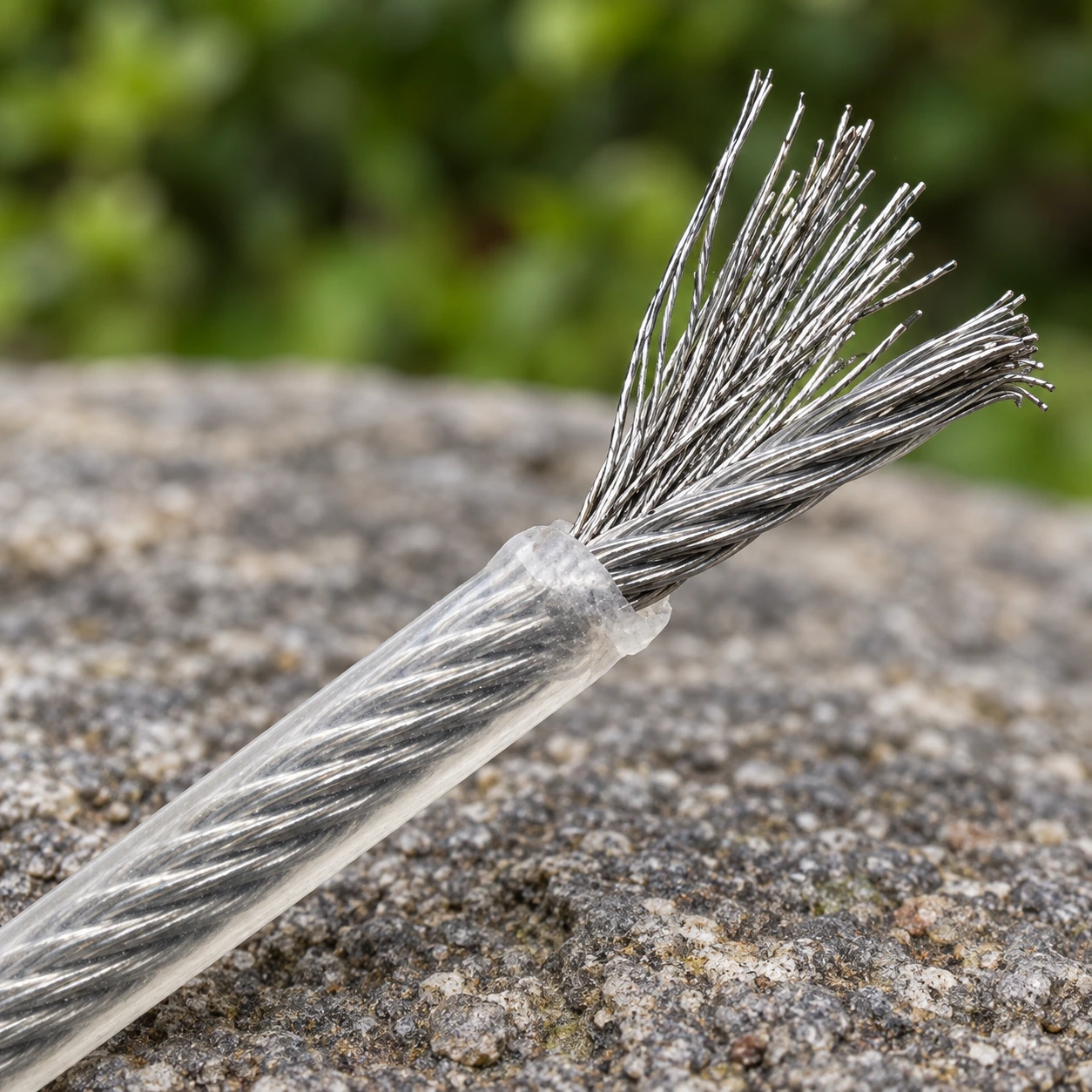 Gros plan de la gaine translucide du fil de coupe 2,0 mm et des torons d'acier effilochés