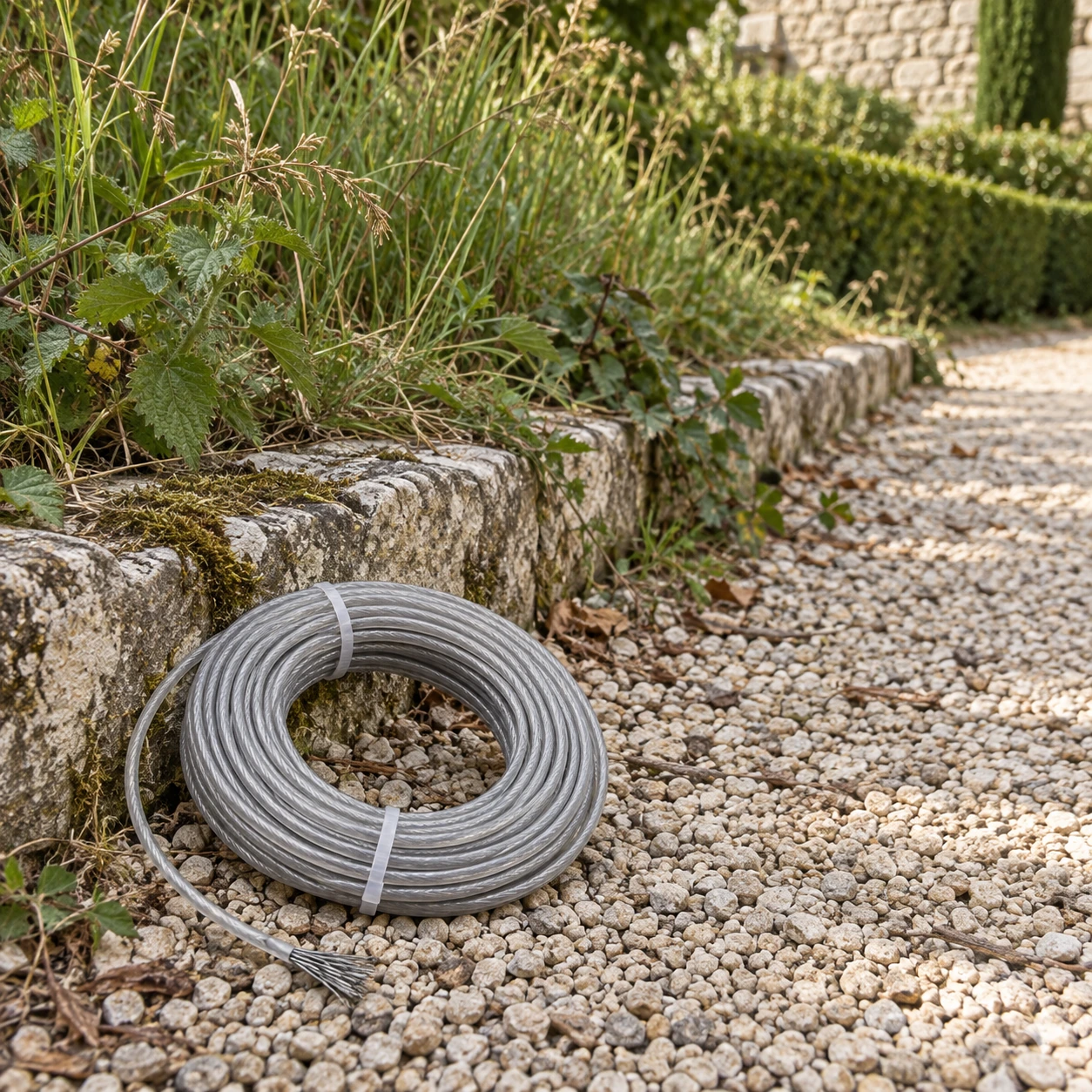 Bobine de fil de coupe 2,0 mm posée sur du gravier le long d'une bordure en pierre, dans un jardin