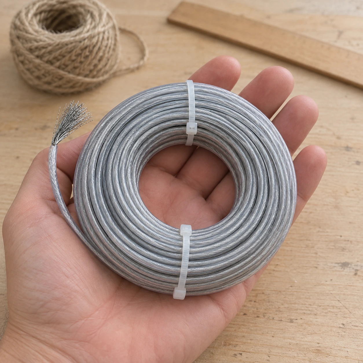 Bobine de fil de coupe 2,0 mm tenue dans une main ouverte, pour montrer sa taille réelle