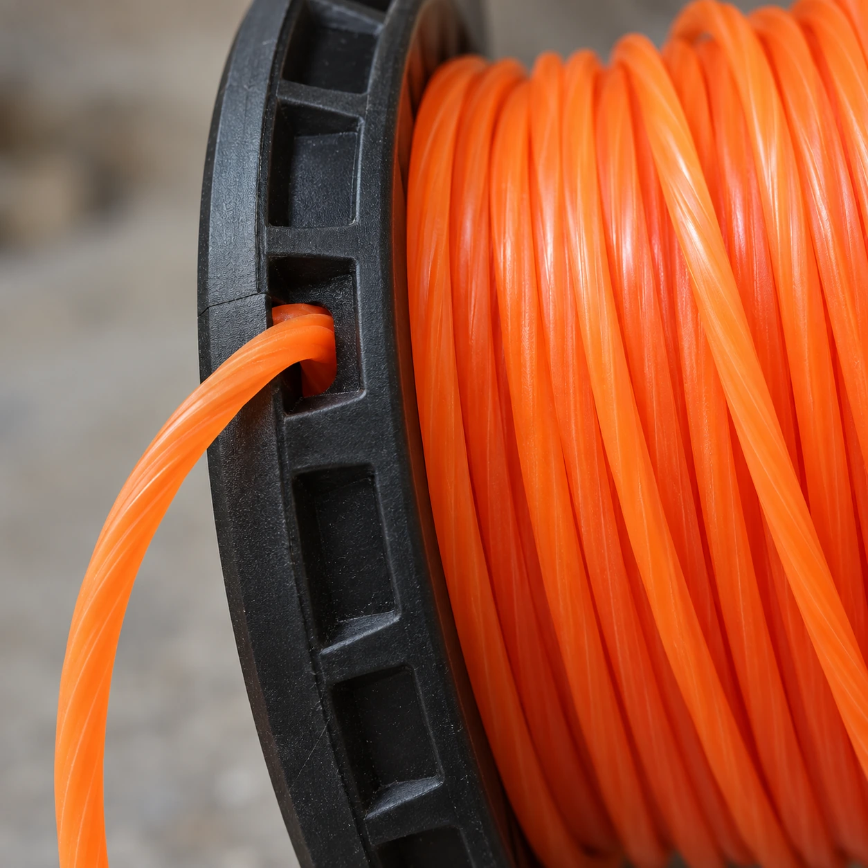 Gros plan sur la flasque noire crantée et le fil orange torsadé de la bobine