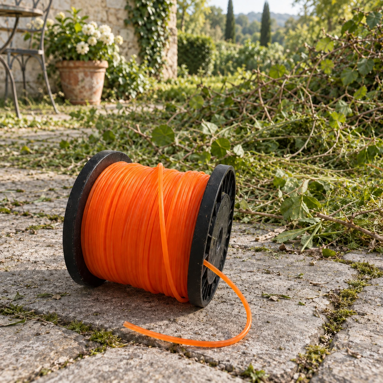 Bobine de fil orange posée sur une terrasse en pierre après le débroussaillage des ronces
